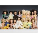 Sixteen Sindy dolls mainly 1970s: eight brunette, six blonde, one auburn and one dark blonde, a