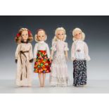 Four Sindy dolls circa 1980: three blondes and one auburn, wearing You and Sindy, Weekender and