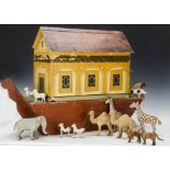 An unusual large German Noah’s Ark, with brown painted hull, orange, yellow an grey painted