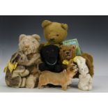 Various teddy bears and soft toys: an Invicta teddy bear with warm honey gold mohair, brown stitched