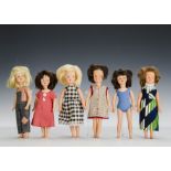 Six Patch dolls 1960 and 70s: three brunettes, one light brown and two blondes, 1st and 2nd issues