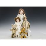 Various dolls and teddy bears: an Ernst Heubach 275 shoulder head doll; a marotte made up in