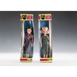 Two Pedigree Sindy dolls No.44899: one brunette in Lumberjack short and denim braces skirt and a