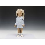 A Trendon Sasha doll Blonde Gingham, 107, with long two-tone blonde hair, blue gingham dress,