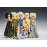 Six 1970s Sindy dolls: four blondes, one ash blonde and one brunette, wearing Playtime, 1976