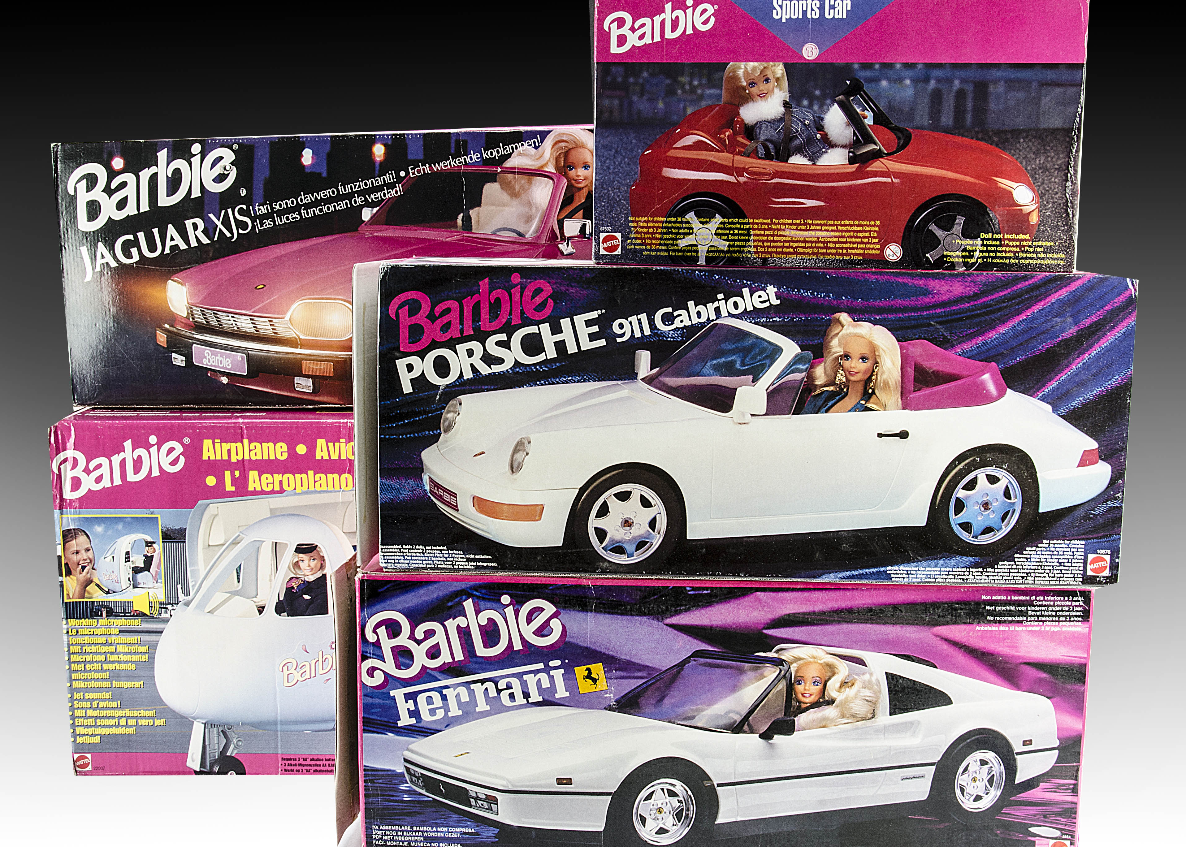 Five 1990s Barbie Vehicles: Jaguar XJS, Ferrari, Porsche 911 Cabriolet, Sports Car and Airplane, all
