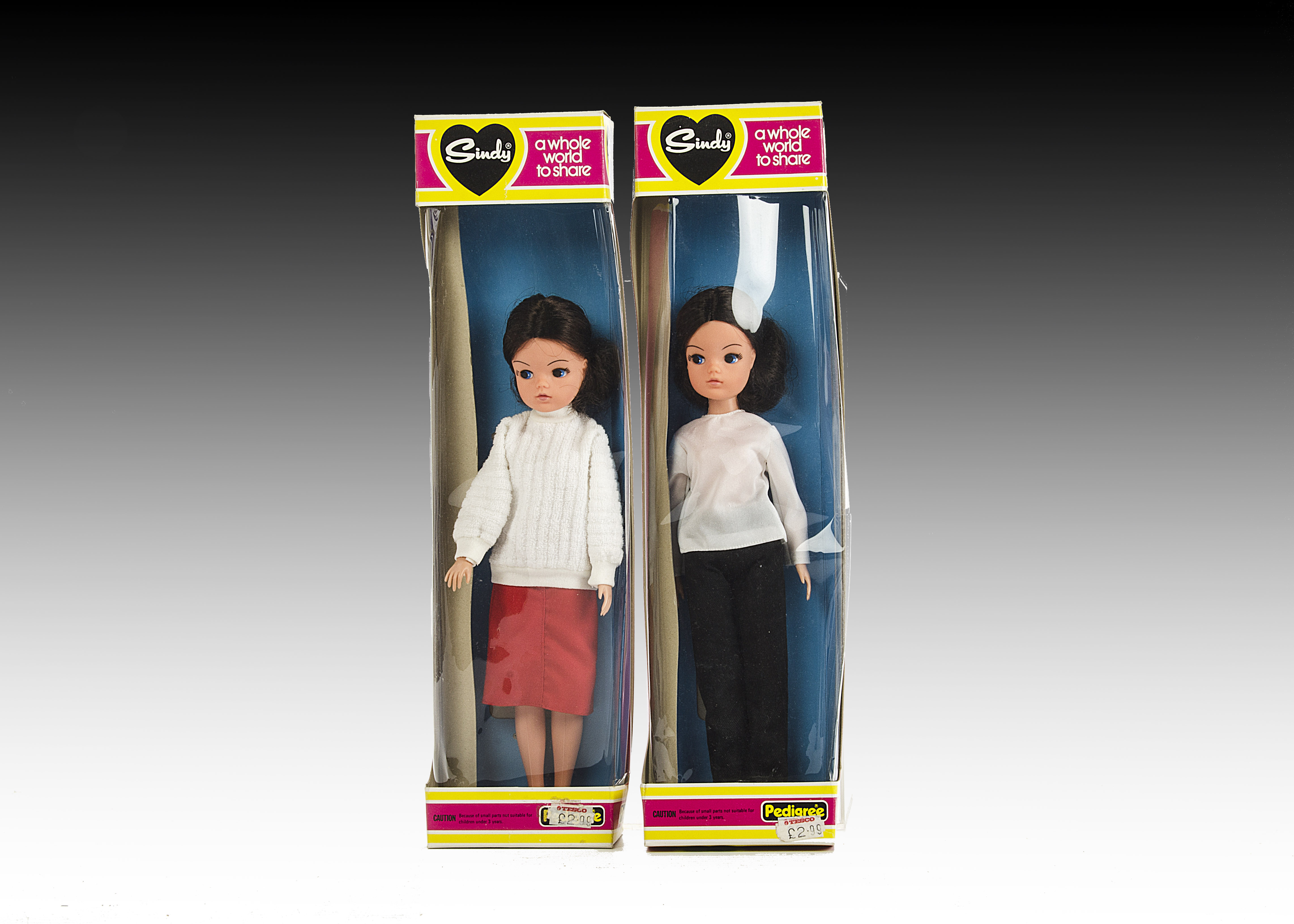 Two Pedigree Sindy dolls No.44899: both with brunette hair with white toweling jumper and red