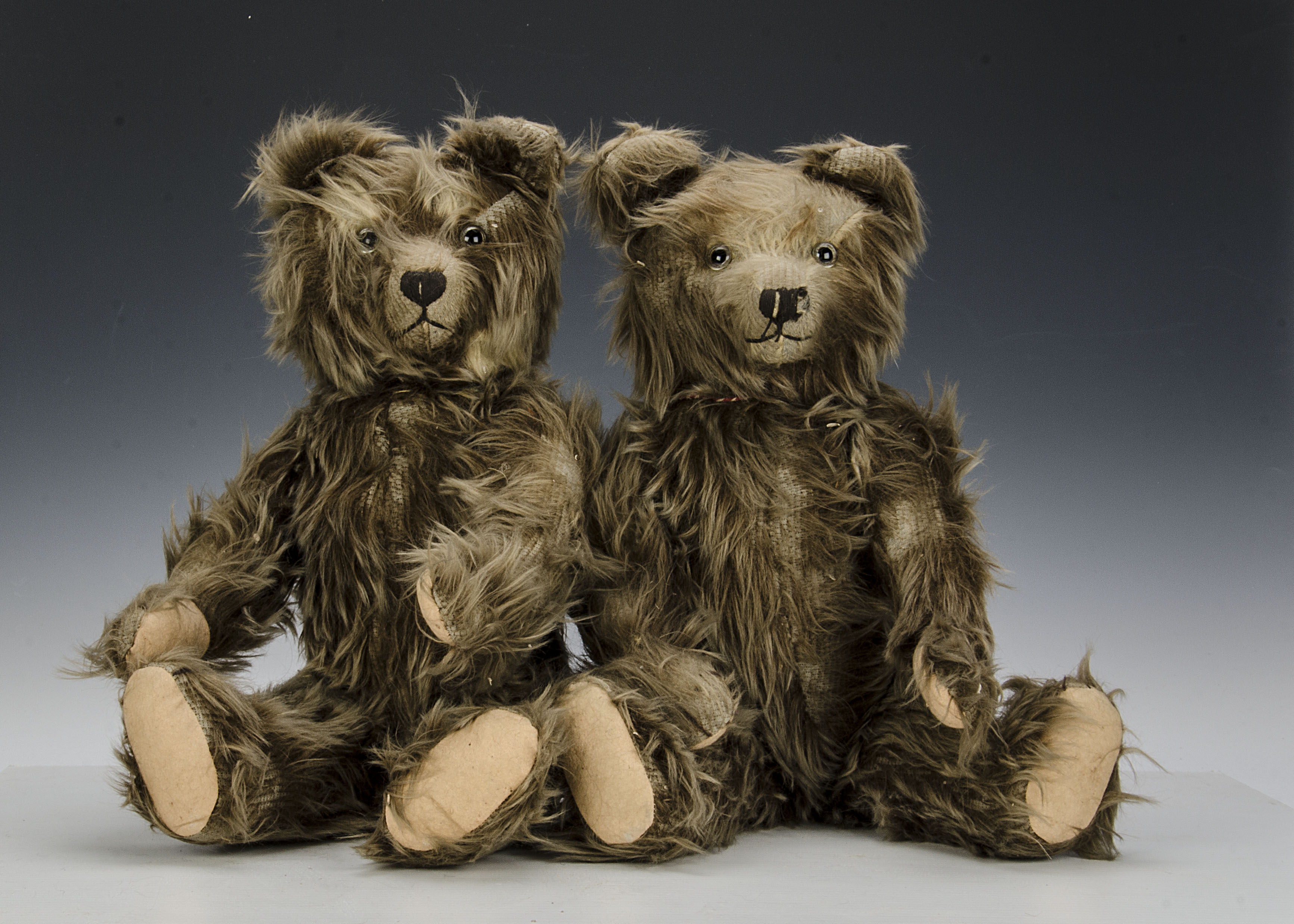 Two interesting German teddy bears 1930s, with long brown frosted mohair, clear and black glass eyes