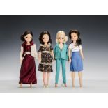 Four Sindy dolls circa 1980: three brunettes and one blonde, with Summertime Fun box, wearing