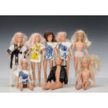 Seven Hasbro Abba dolls, five Angetta, one Frieda and one Benny, five in clothes, Benny with jacket;