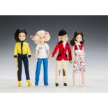 Four 1980s Sindy dolls: two blonde and two brunette wearing Happy Days 1982, Keep Fit 1979 and