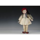 A Limoges child doll dressed as a Greek Evzone, with blue fixed eyes, light brown mohair wig,