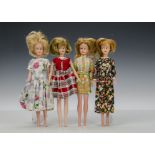 Four Palitoy Tressy dolls: two with blonde and two with titian hair, all dressed