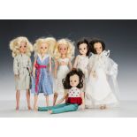 Six Sindy dolls 1970 and 80s: three brunettes and three blonde, wearing a wedding dress, bra and