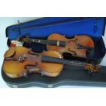 Violins, one cased 13.5" length plus bow made in China together with a second 13" length plus bow