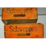 Boxes, five sturdy wooden soda syphon boxes printed 'Schweppes' and 'Cantrell & Cochrane',