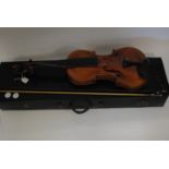 Violin, German, well made, full size, lacking strings together with a bow stamped 'Vuillaume'