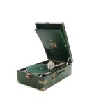 Portable gramophone: an HMV Model 101, No. 1010003789, with hand brake and No 4 soundbox, in green