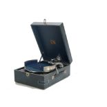 Portable gramophone: an HMV Model 97c with No. 23 soundbox and (re-covered) record tray, in blue