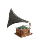 Horn gramophone: an HMV Model IV (Junior Monarch), with Exhibition soundbox, oak case and (later)