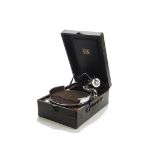 Portable gramophone: An HMV Model 102 with 5b soundbox, record tray and black case, 1939 (carrying