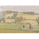 A Frank Shipsides Limited Edition print, 18/150, depicting a golf course with a gentleman teeing