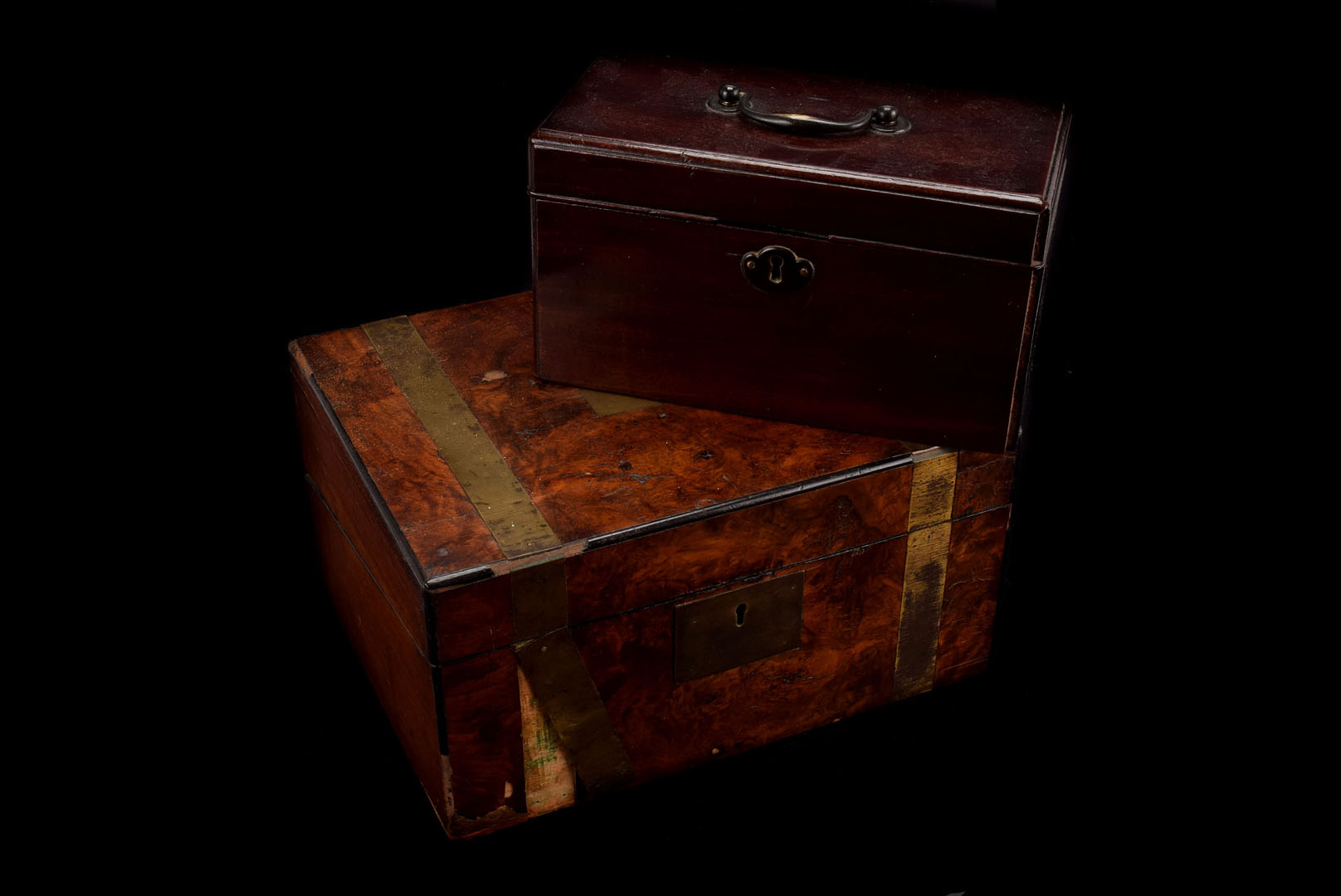 An Art Deco period sewing box and contents, together with a Victorian mahogany tea caddy, a