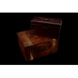 An Art Deco period sewing box and contents, together with a Victorian mahogany tea caddy, a