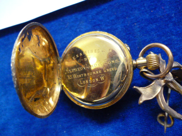 A 9ct gold ladies fob watch, by Alfred Goad & Sons, having engraved case with blue enamel Roman - Image 5 of 12