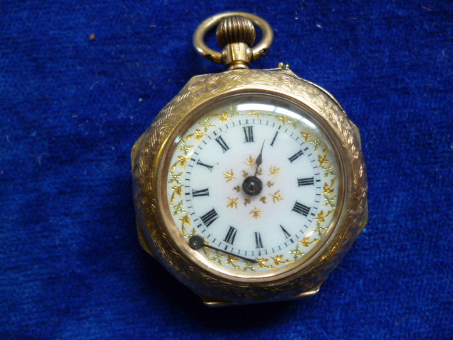 A 9ct gold ladies fob watch, by Alfred Goad & Sons, having engraved case with blue enamel Roman - Image 4 of 12