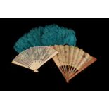 A group of three vintage hand fans, comprising a faux tortoiseshell and green feather, ivory and