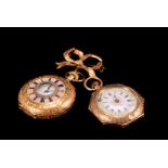 A 9ct gold ladies fob watch, by Alfred Goad & Sons, having engraved case with blue enamel Roman