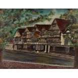 A modern oil on board, depicting a pub, the building with timber framing, unsigned, approx 60cm by