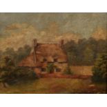 19th century English School, oil on canvas, country cottage with thatched roof, in gilt frame (af)