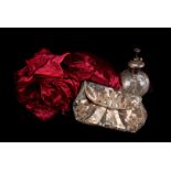 A Cut Glass Silver topped perfume atomiser, together with a sequined evening bag, vintage cerise