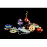 A collection of small cloisonnie items, to include a tape measure miniature coffee set, pots,