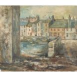 T.J Macleod, Scottish oil on canvas, depicting a harbour scene, signed to lower left, approx 76cm by