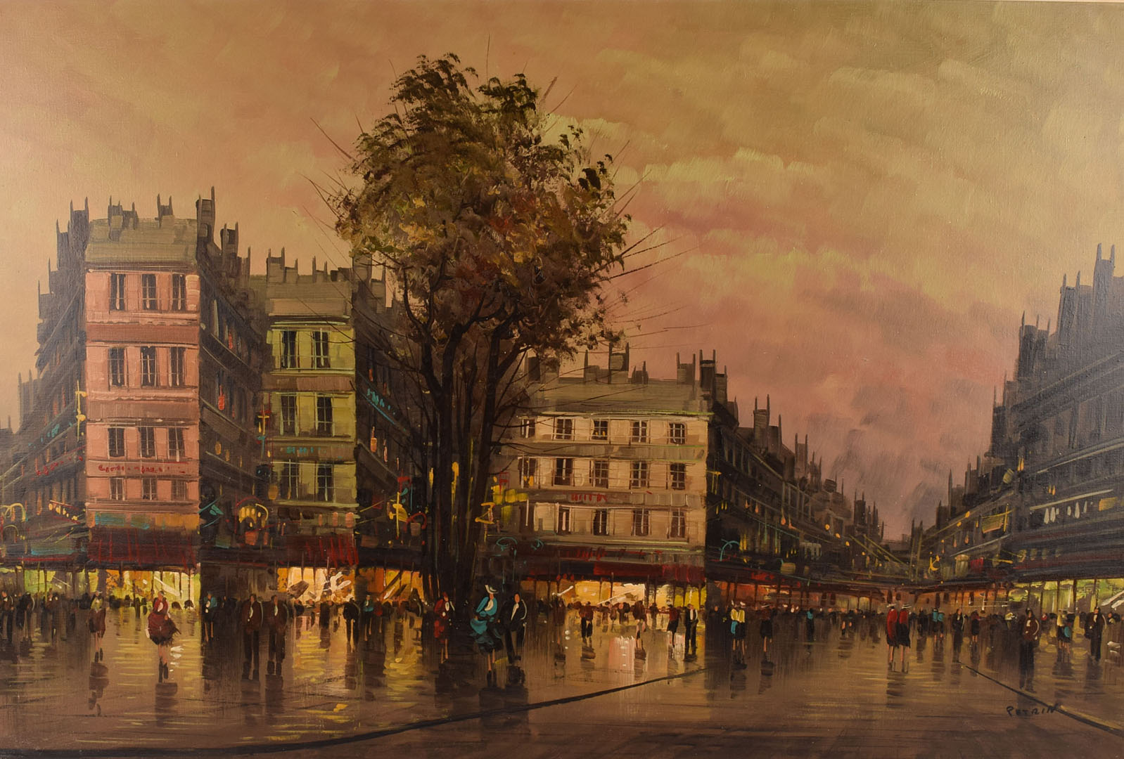 An oil on canvas, depicting a modern French street scene, signed Petrin to lower right, approx