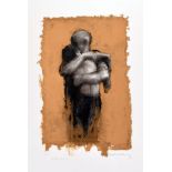 A modern lithograph of an embracing couple, in charcoal hues to a golden ground, Artist's Proof