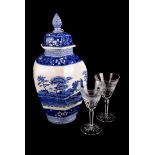 A spode B & W Temple vase, with Blue Tower decoration and finial lid together with six waterford