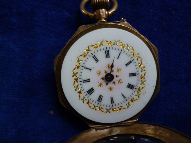 A 9ct gold ladies fob watch, by Alfred Goad & Sons, having engraved case with blue enamel Roman - Image 10 of 12
