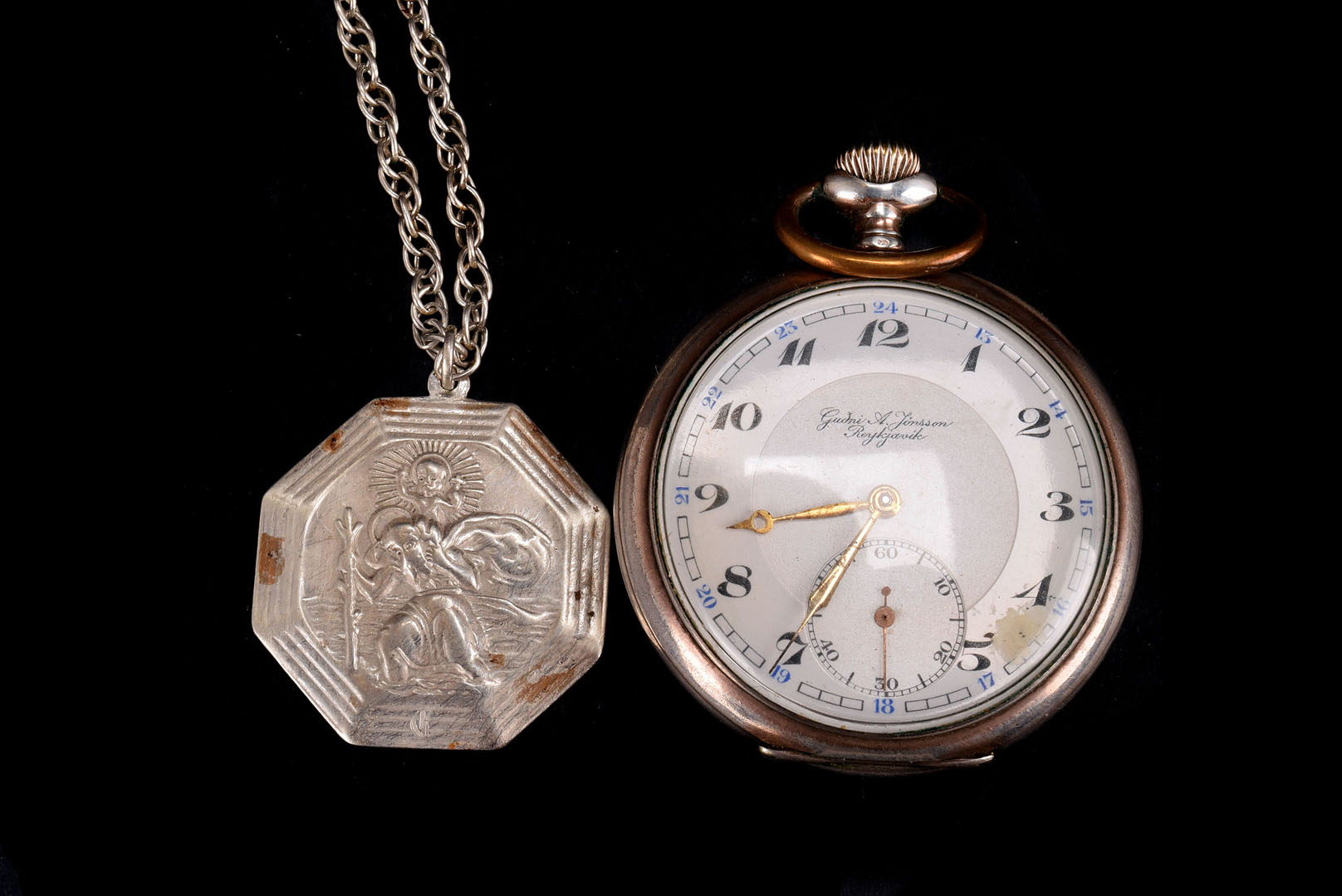 A silver plated pocket watch, by Gidni A Jonsson, Reykjavik, together with a silver St Christopher