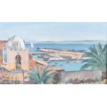 Matteo Brondy. Gouache on board, depicting French North Africa, a coastal harbour scene, signed to