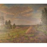 Parslev (Einer9, oil on canvas, depicting a haystack in an autumnal landscape, approx 108cm by 88cm,