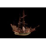 A scratch built galleon on stand, together with a miniature brass model cannon 62cm L, and smaller