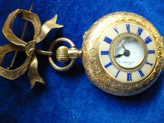 A 9ct gold ladies fob watch, by Alfred Goad & Sons, having engraved case with blue enamel Roman - Image 2 of 12