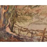 Murray Urquhart, watercolour, depicting a semi-abstact rural scene with trees, a fence and fields,