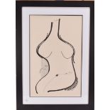 A modern ink drawing of an abstract nude body, the female form with two birds, signed SC/NW to lower