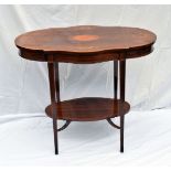 An Edwardian mahogany and inlaid occasional table, shaped top on four tapered supports with shelf