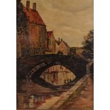P.Rose. Oil on canvas, depicting an old stone bridge arched over a canal in the middle of a village,